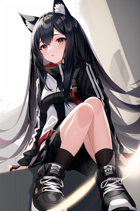 99850388-2654707411-1girl, animal ears, dark hair, medium hair, arknights, intricate details, black shorts, sneakers, street.png